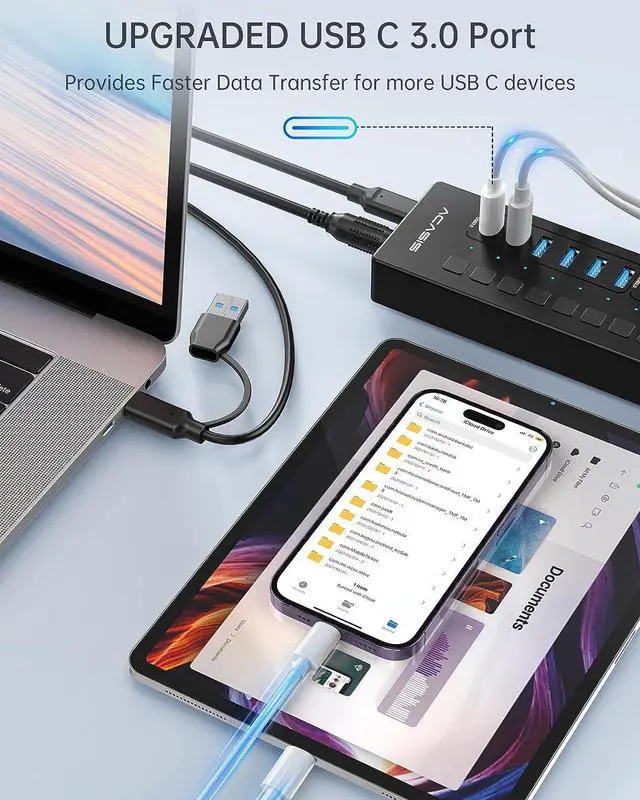 Alt view image 3 of 7 - Powered USB Hub, ACASIS 16 Port 60W USB Hub 3.0 with 4*USB Smart Charging Port, 2*USB C 3.0, 4*USB A 3.0, 6*USB 2.0, Individual On/Off Switches, 12V/5A DC Power Adapter for Laptops, PC