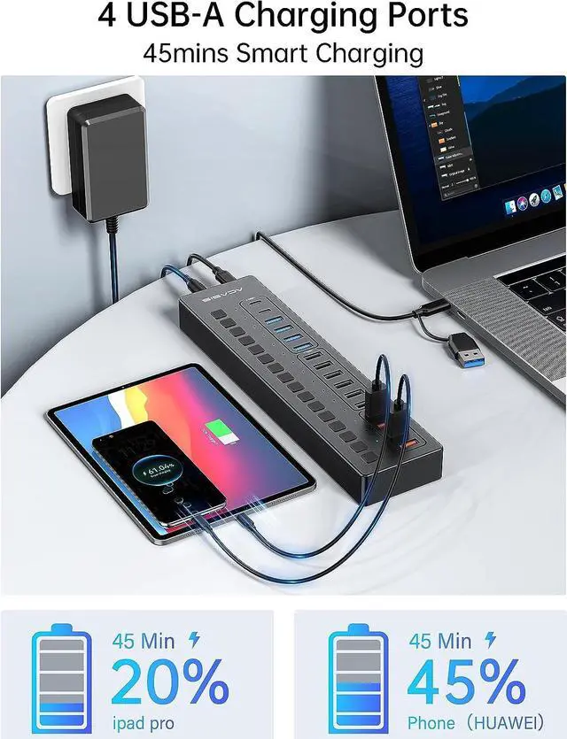 Alt view image 4 of 7 - Powered USB Hub, ACASIS 16 Port 60W USB Hub 3.0 with 4*USB Smart Charging Port, 2*USB C 3.0, 4*USB A 3.0, 6*USB 2.0, Individual On/Off Switches, 12V/5A DC Power Adapter for Laptops, PC
