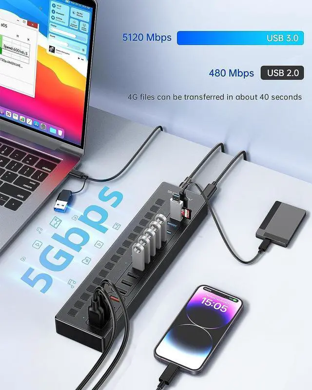 Alt view image 5 of 7 - Powered USB Hub, ACASIS 16 Port 60W USB Hub 3.0 with 4*USB Smart Charging Port, 2*USB C 3.0, 4*USB A 3.0, 6*USB 2.0, Individual On/Off Switches, 12V/5A DC Power Adapter for Laptops, PC