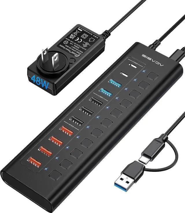 Main image of Powered USB Hub, ACASIS 11 Port 48W USB Hub 3.0 with 4*USB A Smart Charging Port, 2*USB C 3.0, 2*USB A 3.0, 3*USB A 2.0, Individual On/Off Switches, 12V/4A DC Power Adapter for Laptops, PC
