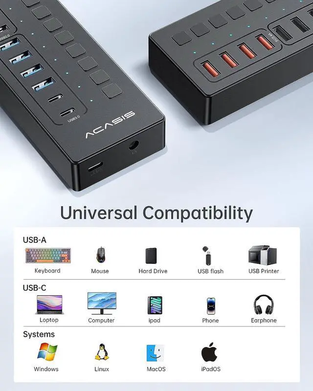 Alt view image 7 of 7 - Powered USB Hub, ACASIS 16 Port 60W USB Hub 3.0 with 4*USB Smart Charging Port, 2*USB C 3.0, 4*USB A 3.0, 6*USB 2.0, Individual On/Off Switches, 12V/5A DC Power Adapter for Laptops, PC
