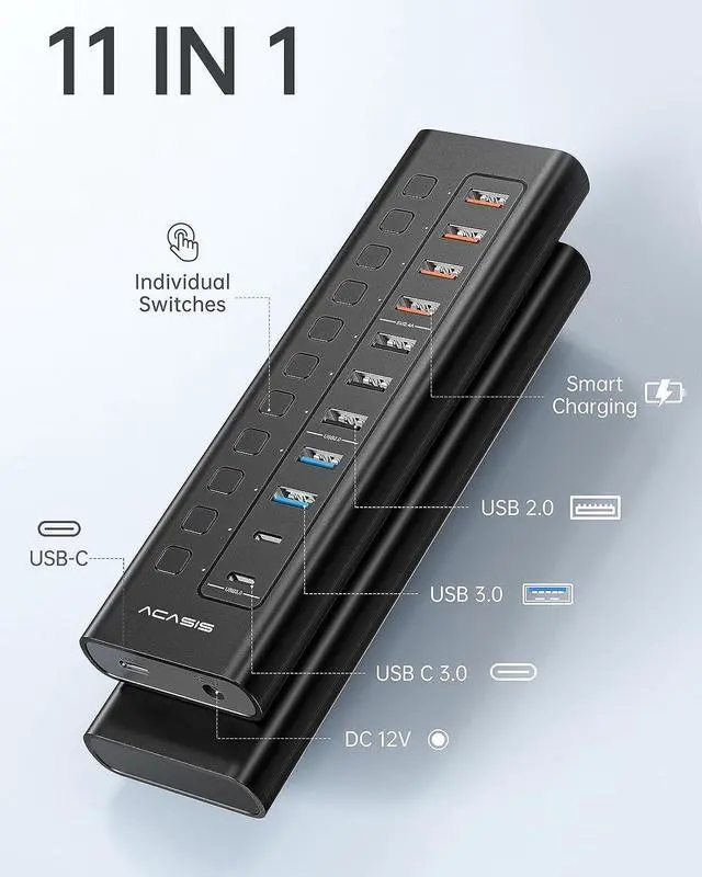 Alt view image 2 of 6 - Powered USB Hub, ACASIS 11 Port 48W USB Hub 3.0 with 4*USB A Smart Charging Port, 2*USB C 3.0, 2*USB A 3.0, 3*USB A 2.0, Individual On/Off Switches, 12V/4A DC Power Adapter for Laptops, PC
