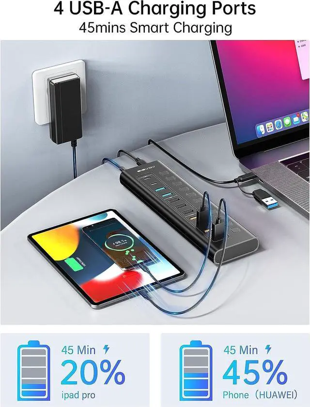 Alt view image 3 of 6 - Powered USB Hub, ACASIS 11 Port 48W USB Hub 3.0 with 4*USB A Smart Charging Port, 2*USB C 3.0, 2*USB A 3.0, 3*USB A 2.0, Individual On/Off Switches, 12V/4A DC Power Adapter for Laptops, PC