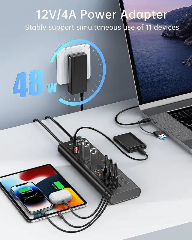Alt view image 4 of 6 - Powered USB Hub, ACASIS 11 Port 48W USB Hub 3.0 with 4*USB A Smart Charging Port, 2*USB C 3.0, 2*USB A 3.0, 3*USB A 2.0, Individual On/Off Switches, 12V/4A DC Power Adapter for Laptops, PC