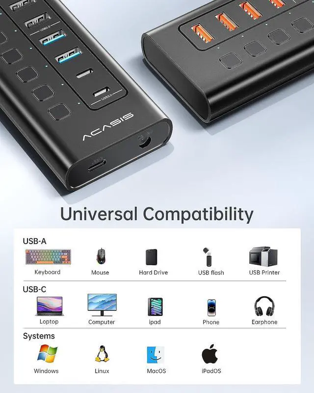 Alt view image 6 of 6 - Powered USB Hub, ACASIS 11 Port 48W USB Hub 3.0 with 4*USB A Smart Charging Port, 2*USB C 3.0, 2*USB A 3.0, 3*USB A 2.0, Individual On/Off Switches, 12V/4A DC Power Adapter for Laptops, PC