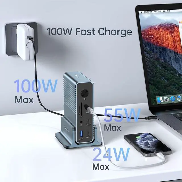 Alt view image 4 of 7 - USB C Docking Station 3 Monitors, 100W PD Charging for Laptop & Phone, 2 * 4K HDMI, 1*DP 4K@60Hz, 2*USB 3.1, 3*USB 3.0, LAN, SD/TF, Audio, Universal Laptop Docking Station for Mac/Windows
