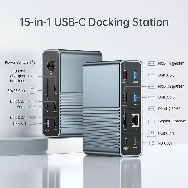 Alt view image 6 of 7 - USB C Docking Station 3 Monitors, 100W PD Charging for Laptop & Phone, 2 * 4K HDMI, 1*DP 4K@60Hz, 2*USB 3.1, 3*USB 3.0, LAN, SD/TF, Audio, Universal Laptop Docking Station for Mac/Windows