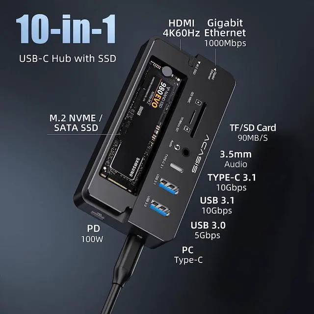 Alt view image 2 of 7 - ACASIS 10-in-1 USB-C Hub with SSD Enclosure, 10Gbps M.2 NVMe Enclosure, 4K 60Hz HDMI Port, USB A 3.1 Port, 100 W Power Delivery, Aluminum Alloy USB C 3.1 Enclosure for M.2 PCIe NVMe and SATA SSD
