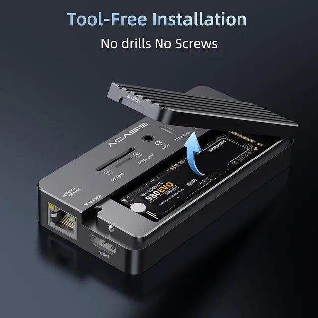 Alt view image 5 of 7 - ACASIS 10-in-1 USB-C Hub with SSD Enclosure, 10Gbps M.2 NVMe Enclosure, 4K 60Hz HDMI Port, USB A 3.1 Port, 100 W Power Delivery, Aluminum Alloy USB C 3.1 Enclosure for M.2 PCIe NVMe and SATA SSD