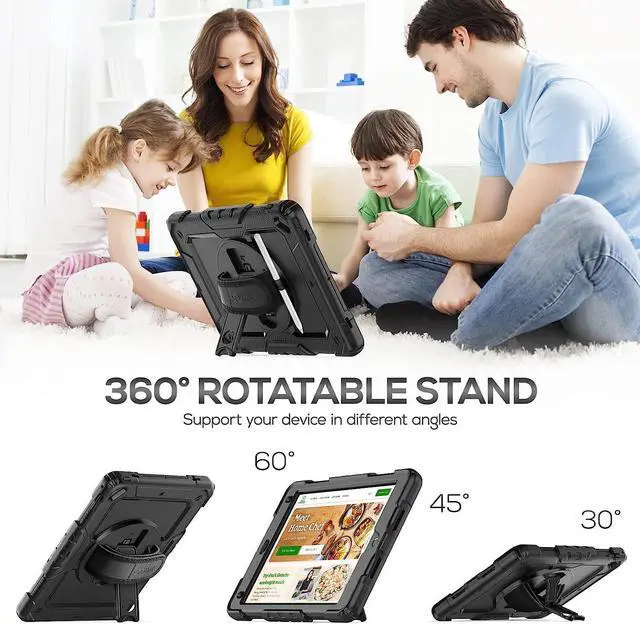 Alt view image 4 of 7 - iPad 6th/5th Generation Case 9.7 Inch, Heavy Duty Protective Shockproof Case with Screen Protector, 360° Rotating Stand/Handle/Shoulder Strap for iPad 6th/ 5th Gen/Air 2/ Pro 9.7, Black