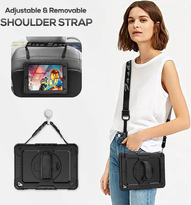 Alt view image 5 of 7 - iPad 6th/5th Generation Case 9.7 Inch, Heavy Duty Protective Shockproof Case with Screen Protector, 360° Rotating Stand/Handle/Shoulder Strap for iPad 6th/ 5th Gen/Air 2/ Pro 9.7, Black