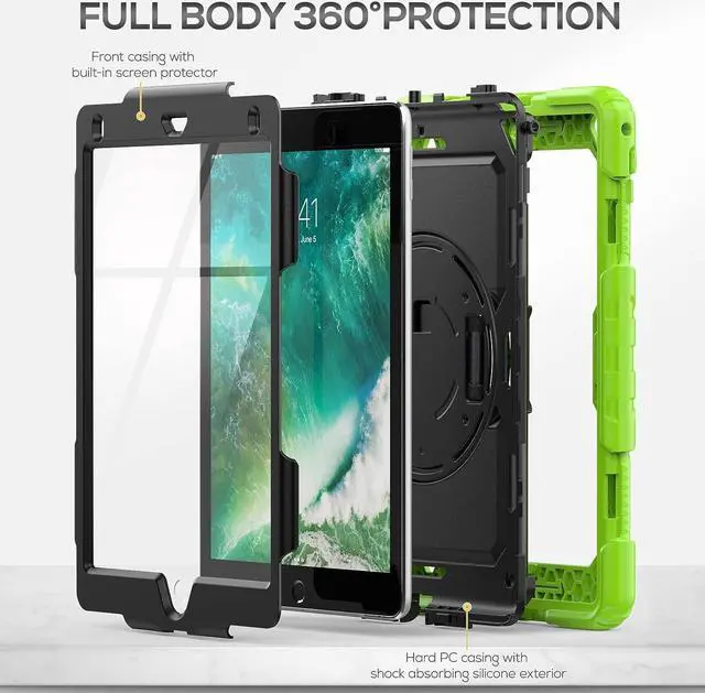 Alt view image 6 of 7 - iPad 6th/5th Generation Case 9.7 Inch, Heavy Duty Protective Shockproof Case with Screen Protector, 360° Rotating Stand/Handle/Shoulder Strap for iPad 6th/ 5th Gen/Air 2/ Pro 9.7, Green