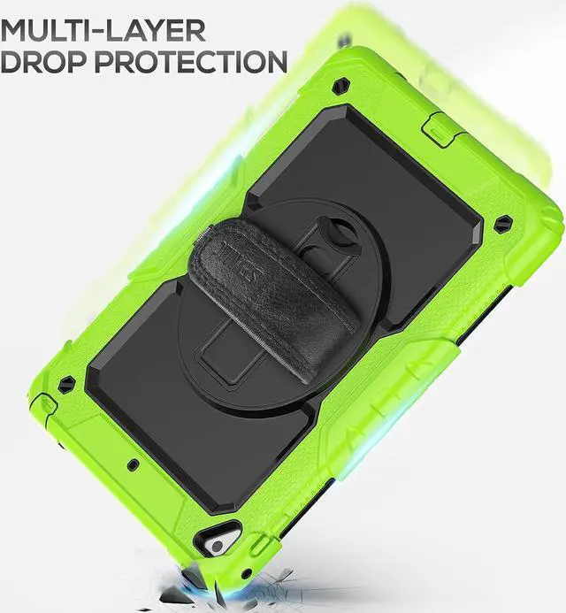 Alt view image 7 of 7 - iPad 6th/5th Generation Case 9.7 Inch, Heavy Duty Protective Shockproof Case with Screen Protector, 360° Rotating Stand/Handle/Shoulder Strap for iPad 6th/ 5th Gen/Air 2/ Pro 9.7, Green