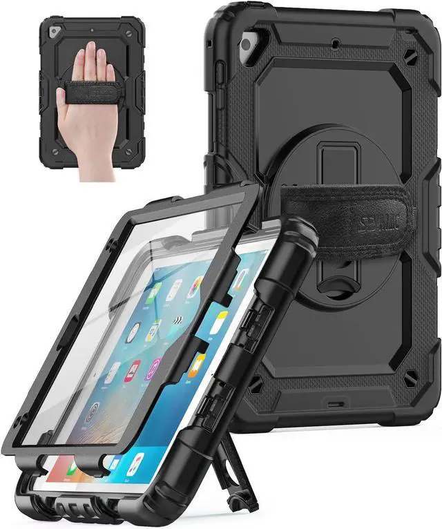 Main image of iPad Pro 11 Case 4th/ 3rd/ 2nd/ 1st Gen (2022/2021/2020/2018), Full-Body Shockproof Protective Case with Screen Protector, Rotating Stand, Hand/Shoulder Strap, 2nd Gen Pencil Charging, Black