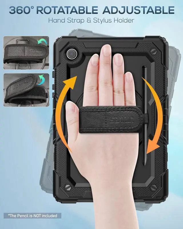 Alt view image 3 of 7 - for Samsung Galaxy Tab A8 Case 10.5 Inch (SM-X200/ X205/ X207), Heavy Duty Full-Body Shockproof Protective Case with Screen Protector, Rotating Stand, Hand/Shoulder Strap and Pen Holder, Black