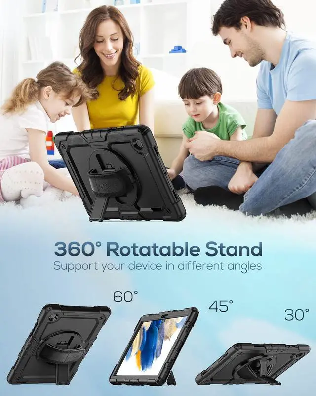 Alt view image 4 of 7 - for Samsung Galaxy Tab A8 Case 10.5 Inch (SM-X200/ X205/ X207), Heavy Duty Full-Body Shockproof Protective Case with Screen Protector, Rotating Stand, Hand/Shoulder Strap and Pen Holder, Black