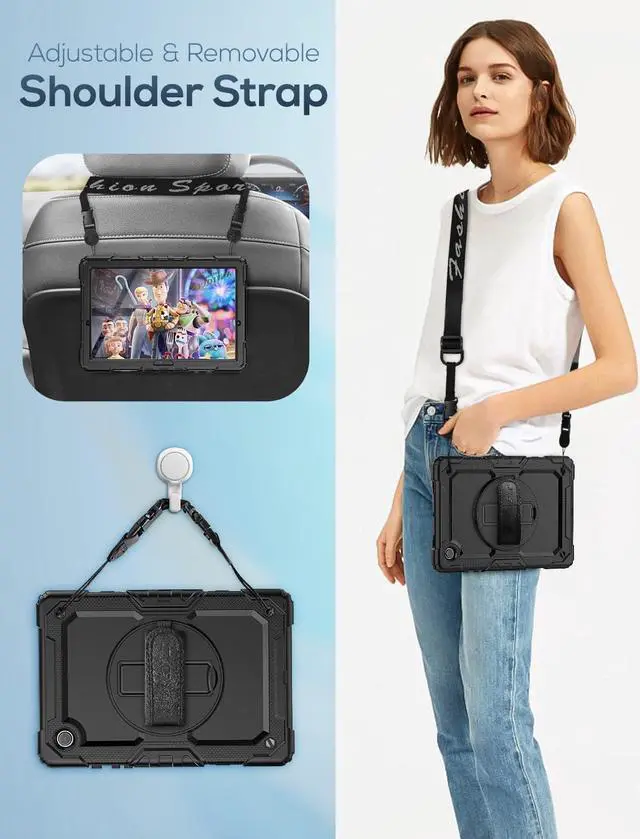 Alt view image 5 of 7 - for Samsung Galaxy Tab A8 Case 10.5 Inch (SM-X200/ X205/ X207), Heavy Duty Full-Body Shockproof Protective Case with Screen Protector, Rotating Stand, Hand/Shoulder Strap and Pen Holder, Black