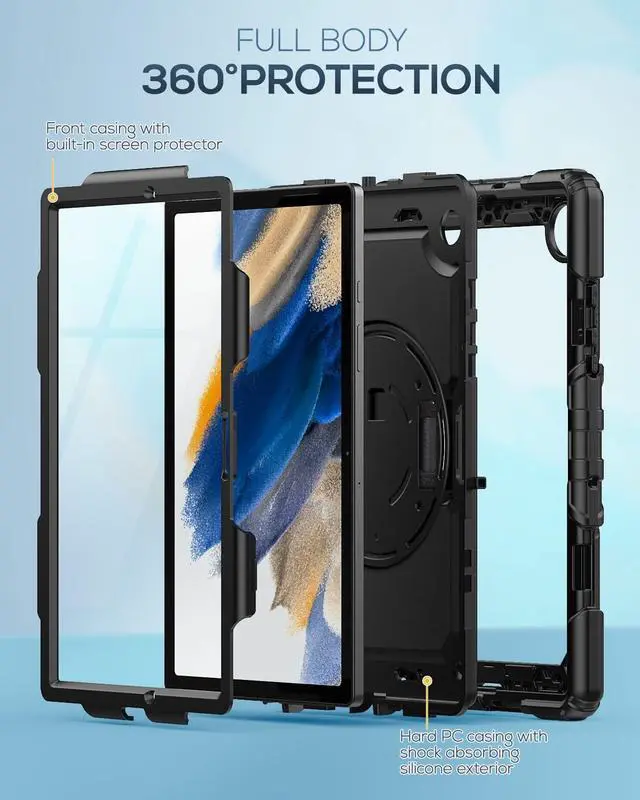 Alt view image 6 of 7 - for Samsung Galaxy Tab A8 Case 10.5 Inch (SM-X200/ X205/ X207), Heavy Duty Full-Body Shockproof Protective Case with Screen Protector, Rotating Stand, Hand/Shoulder Strap and Pen Holder, Black