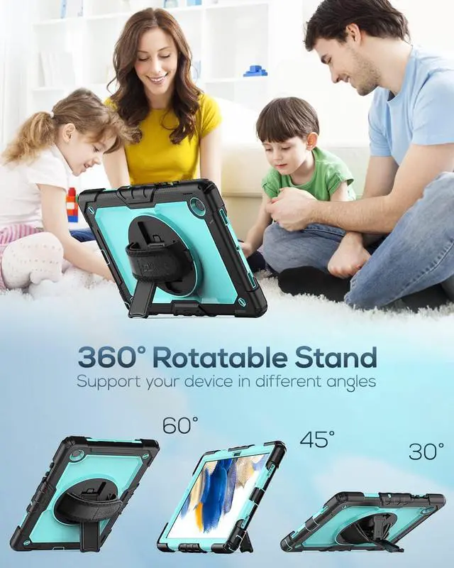 Alt view image 4 of 7 - for Samsung Galaxy Tab A8 Case 10.5 Inch for Kids (SM-X200/ X205/ X207), Sturdy Full-Body Shockproof Protective Case with Screen Protector, Rotating Stand, Hand and Shoulder Strap, Sky Blue