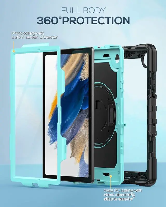 Alt view image 6 of 7 - for Samsung Galaxy Tab A8 Case 10.5 Inch for Kids (SM-X200/ X205/ X207), Sturdy Full-Body Shockproof Protective Case with Screen Protector, Rotating Stand, Hand and Shoulder Strap, Sky Blue