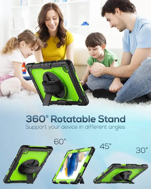 Alt view image 4 of 7 - for Samsung Galaxy Tab A8 Case 10.5 Inch (SM-X200/ X205/ X207), Heavy Duty Full-Body Shockproof Protective Case with Screen Protector, Rotating Stand, Hand/Shoulder Strap and Pen Holder, Green