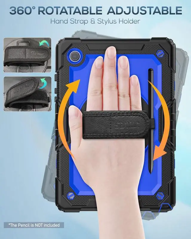 Alt view image 3 of 7 - Case for Samsung Galaxy Tab A8 Case 10.5" (SM-X200/ X205/ X207), Sturdy Shockproof Full-Body Protective Case with Screen Protector, Rotating Stand, Hand/Shoulder Strap and Pencil Holder, Blue