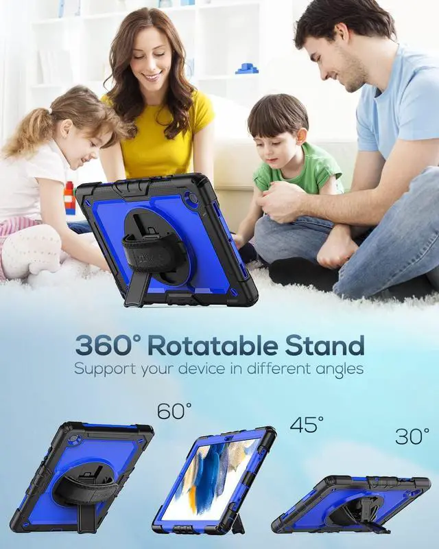 Alt view image 4 of 7 - Case for Samsung Galaxy Tab A8 Case 10.5" (SM-X200/ X205/ X207), Sturdy Shockproof Full-Body Protective Case with Screen Protector, Rotating Stand, Hand/Shoulder Strap and Pencil Holder, Blue
