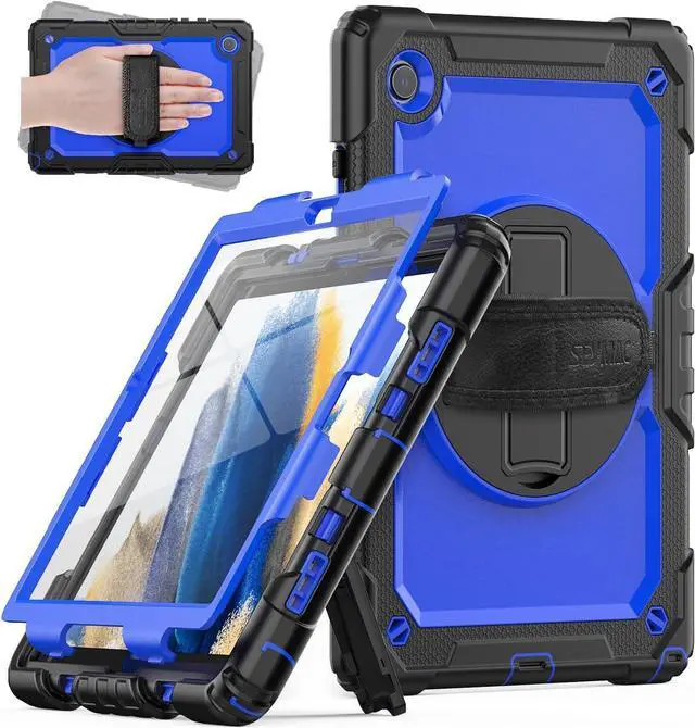 Main image of Case for Samsung Galaxy Tab A8 Case 10.5" (SM-X200/ X205/ X207), Sturdy Shockproof Full-Body Protective Case with Screen Protector, Rotating Stand, Hand/Shoulder Strap and Pencil Holder, Blue