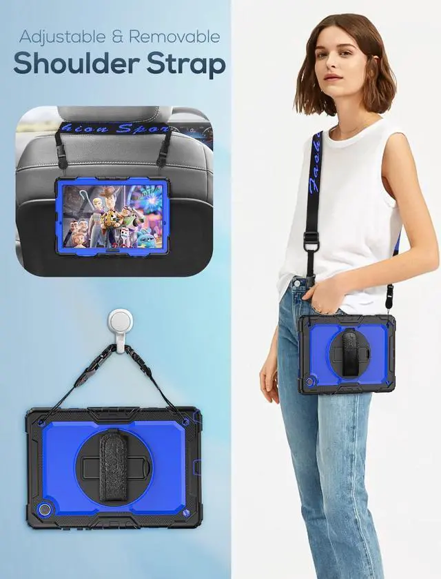 Alt view image 5 of 7 - Case for Samsung Galaxy Tab A8 Case 10.5" (SM-X200/ X205/ X207), Sturdy Shockproof Full-Body Protective Case with Screen Protector, Rotating Stand, Hand/Shoulder Strap and Pencil Holder, Blue