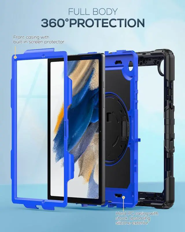 Alt view image 6 of 7 - Case for Samsung Galaxy Tab A8 Case 10.5" (SM-X200/ X205/ X207), Sturdy Shockproof Full-Body Protective Case with Screen Protector, Rotating Stand, Hand/Shoulder Strap and Pencil Holder, Blue