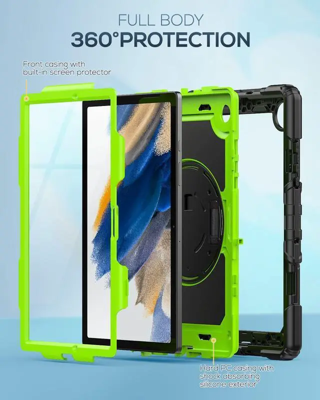 Alt view image 6 of 7 - for Samsung Galaxy Tab A8 Case 10.5 Inch (SM-X200/ X205/ X207), Heavy Duty Full-Body Shockproof Protective Case with Screen Protector, Rotating Stand, Hand/Shoulder Strap and Pen Holder, Green