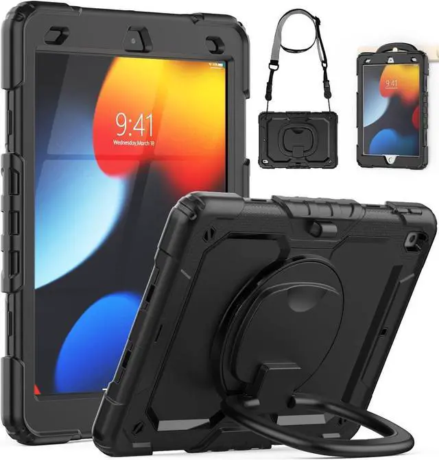 Main image of Case for iPad 9th/ 8th/ 7th Generation Case 10.2 Inch 2021/2020/2019, Full-Body Shockproof Heavy Duty Protective Case with Screen Protector, Rotating Stand/Handle/Shoulder Strap, Black