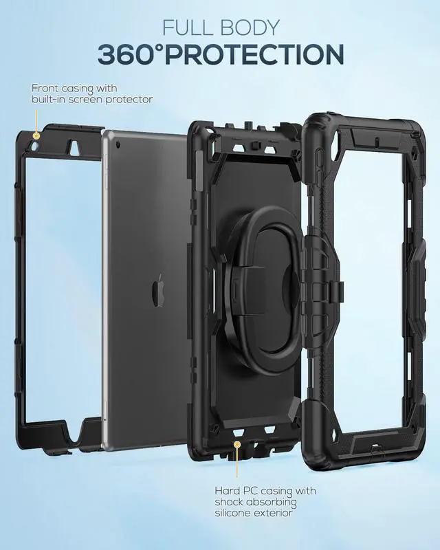 Alt view image 6 of 7 - Case for iPad 9th/ 8th/ 7th Generation Case 10.2 Inch 2021/2020/2019, Full-Body Shockproof Heavy Duty Protective Case with Screen Protector, Rotating Stand/Handle/Shoulder Strap, Black