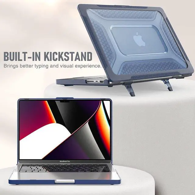 Alt view image 3 of 7 - Case for MacBook Pro 14 Inch Case 2023 2022 2021 Release M2 A2779 A2442 M1 Pro/Max Chip, Shock Resistant Hard Shell Case with Foldable Kickstand & Mouse Pad/Storage Bag, Blue