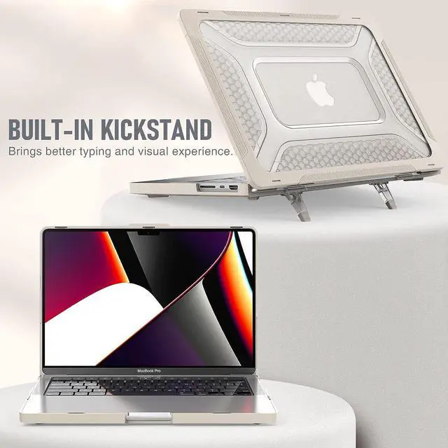 Alt view image 3 of 7 - Case for MacBook Pro 14 Inch Case 2023 2022 2021 Release M2 A2779 A2442 M1 Pro/Max Chip, Shock Resistant Hard Shell Case with Foldable Kickstand & Mouse Pad/Storage Bag, Apricot