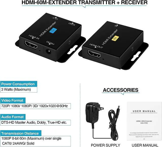 Alt view image 7 of 7 - avedio links 196ft/60m HDMI Extender Over Cat 5e/6/7, 1080P HDMI Ethernet Extender Balun Adapter with Single POC Power Supply, Support 3D, EDID, Deep Color, Compatible with DVD, Fire Stick, Roku, PS5