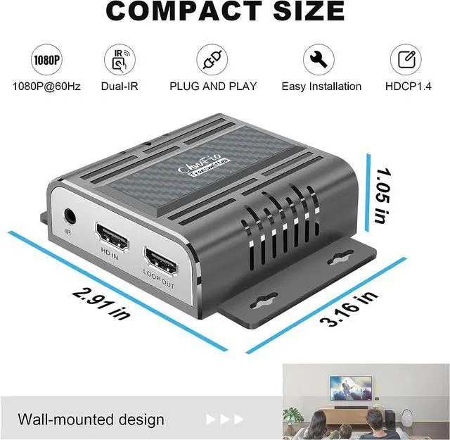 Alt view image 2 of 7 - Wall Mount HDMI Extender Over Ethernet Cable CAT6/6E/7 Over TCP/IP Support for 1-to-Many Output Ultra HD1080P- Up to 656Feet with Loopout 4K and IR