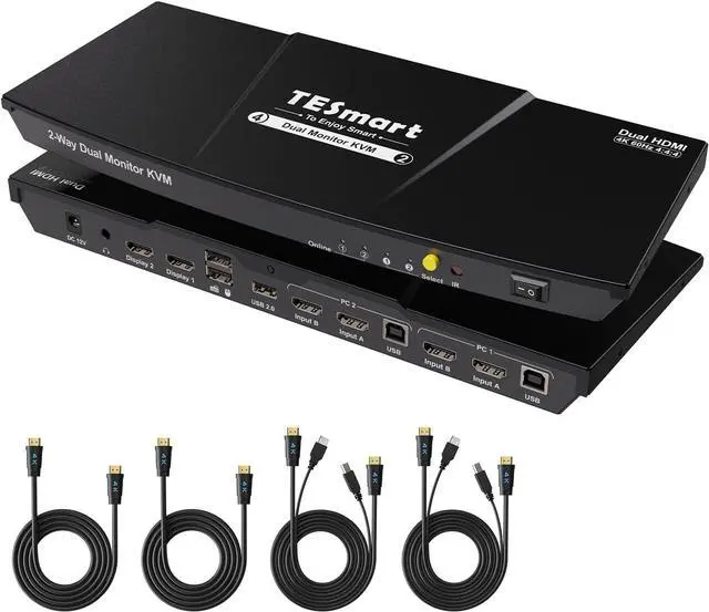 Main image of HDMI KVM Switch 2 Monitors 2 Computers 4K@60Hz, USB 2.0, Dual Monitor KVM Switch HDMI 2 Port Extended Display, EDID emulators, L/R Audio, Hotkey Switch, Button Switch with All Cables