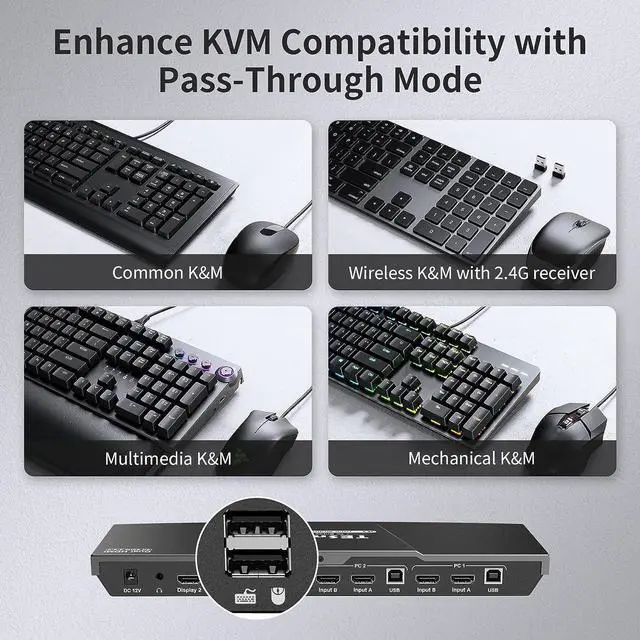 Alt view image 7 of 7 - TESmart KVM Switch 2 Monitors 2 Computers, HDMI 2 Port Dual Monitor KVM, UHD 4K@60Hz RGB 4:4:4, USB 2.0 Hub, Stereo Audio, Hotkey, Button Switching, PC Keyboard Mouse Switcher Box with Cables