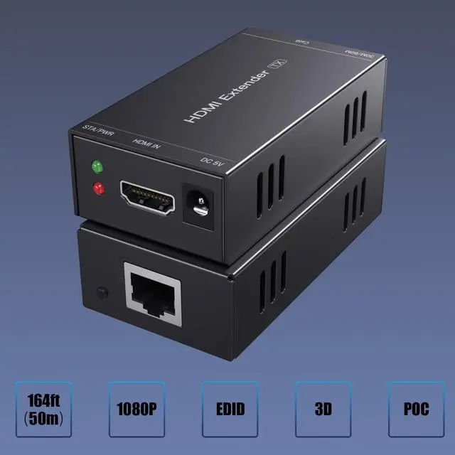 Alt view image 2 of 7 - HDMI Extender 165ft Over Single Cat5e/6, Extend 1080P@60Hz Video, Transmit Audio Video Synchronously, Support 3D, POC, EDID