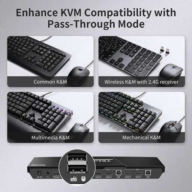 Alt view image 7 of 7 - HDMI KVM Switch 2 Monitors 2 Computers 4K@60Hz, USB 2.0, Dual Monitor KVM Switch HDMI 2 Port Extended Display, EDID emulators, L/R Audio, Hotkey Switch, Button Switch with All Cables