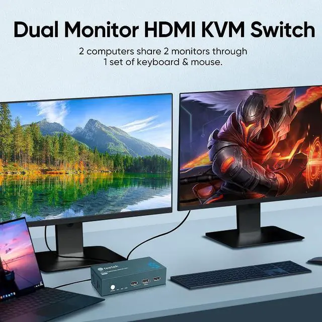 Alt view image 2 of 7 - Dual Monitors KVM Switch 2 Port 4K@60Hz, HDMI KVM Switch 2 Monitors 2 Computers with 3 USB 2.0 Hub, Share Keyboard Mouse Printer, Button Switch & Adaptive EDID