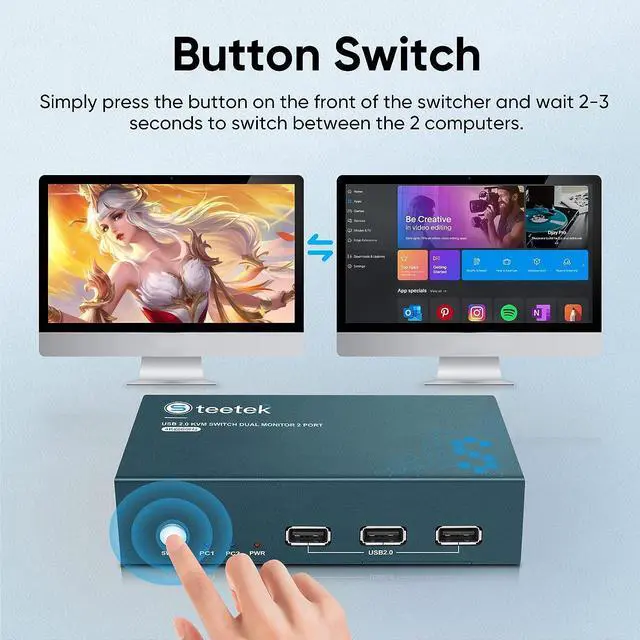 Alt view image 5 of 7 - Dual Monitors KVM Switch 2 Port 4K@60Hz, HDMI KVM Switch 2 Monitors 2 Computers with 3 USB 2.0 Hub, Share Keyboard Mouse Printer, Button Switch & Adaptive EDID