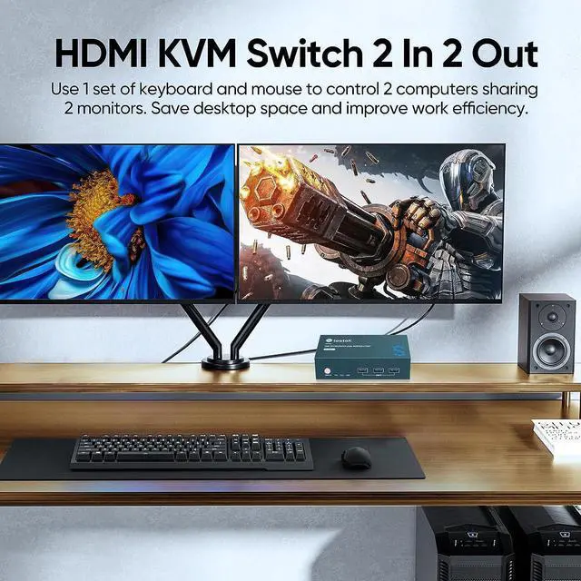 Alt view image 2 of 7 - HDMI KVM Switch 2 Monitors 2 Computers, with 3 USB 3.0 Hub, 4K@60Hz Ultra HD Resolution, Dual Monitor KVM Switch HDMI 2.0 Via Button Switch, Plug and Play