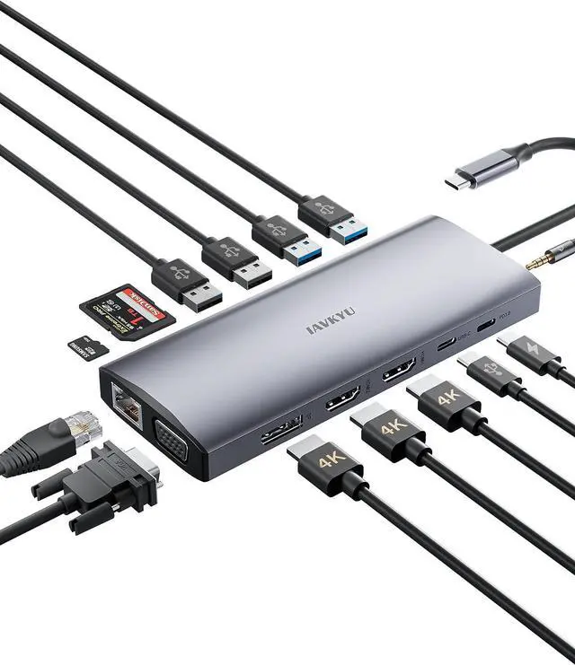 Main image of Laptop Docking Station Triple Monitor, USB C Dock, 14 in 1 Display Adaptor with Dual 4K HDMI, DP, VGA, 100W PD, RJ45, SD/TF Card Reader, 4USB, Audio, Type C Hub for MacBook/XPS/Dell/Surface/HP/Lenovo