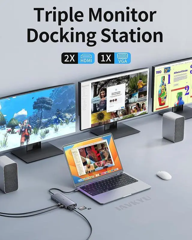 Alt view image 3 of 7 - USB C Laptop Docking Station Dual Monitor, 14 in 1 Type C HUB Multiple Adapter with 3 Monitors, Dual HDMI, VGA,100W PD, Mic/Audio, SD/TF, Ethernet Compatible for Dell/Surface/HP Laptops