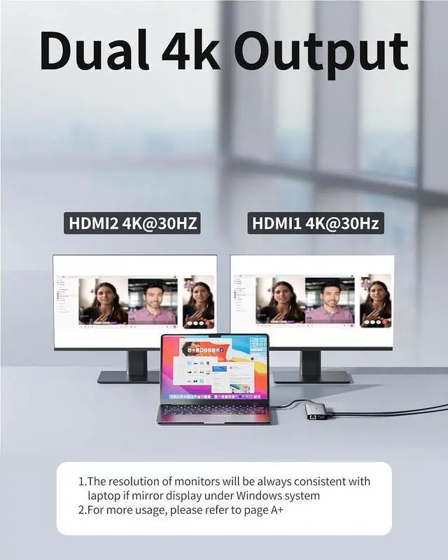 Alt view image 4 of 7 - USB C Laptop Docking Station Dual Monitor, 14 in 1 Type C HUB Multiple Adapter with 3 Monitors, Dual HDMI, VGA,100W PD, Mic/Audio, SD/TF, Ethernet Compatible for Dell/Surface/HP Laptops