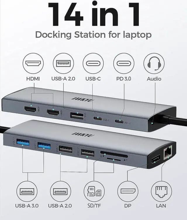Alt view image 2 of 7 - USB C Docking Station Dual Monitor Adapter, 14 in 1 USB C Dock, 4K Dual HDMI, 100W PD, 1000M Ethernet, SD/TF, 5Gbps USB C/A Ports, Mic/Audio Port Compatible for MacBook/Dell/HP/Lenovo Laptops