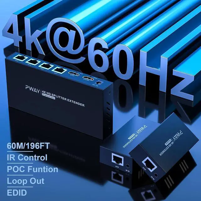 Alt view image 2 of 7 - HDMI Extender Splitter 1x4 HD 4K @60Hz Over CAT5/CAT6/CAT7 Ethernet CableUp to 196ft-Loop Out-Equipped with IR POC and EDID
