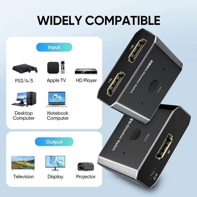 Alt view image 2 of 7 - HDMI Switch Splitter 8K @ 60Hz Bi-Directional, 2 in 1 Out or 1 in 2 Out HDMI 2.1 Switch Splitter, Button Switch with EDID Adaptive , Compatible with The Xbox Series PS5, Plug and Play